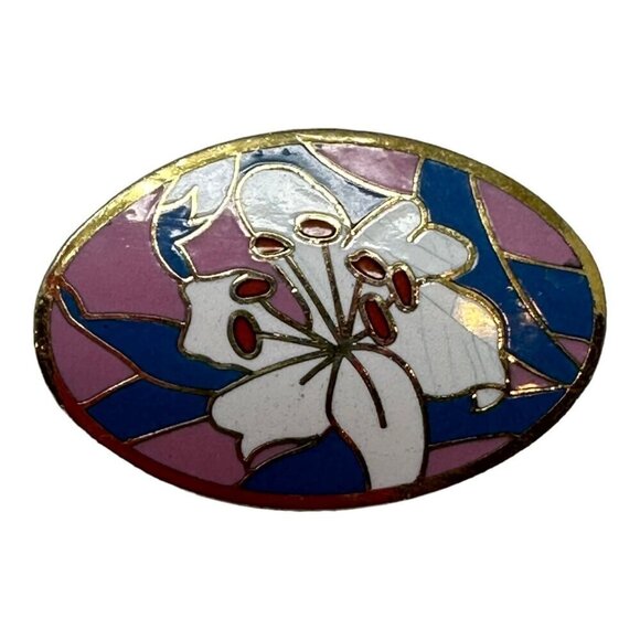 Vintage Pin Brooch Signed AGC White Lilly Pink Blue Cloisonne Enamel Flower - Picture 8 of 8